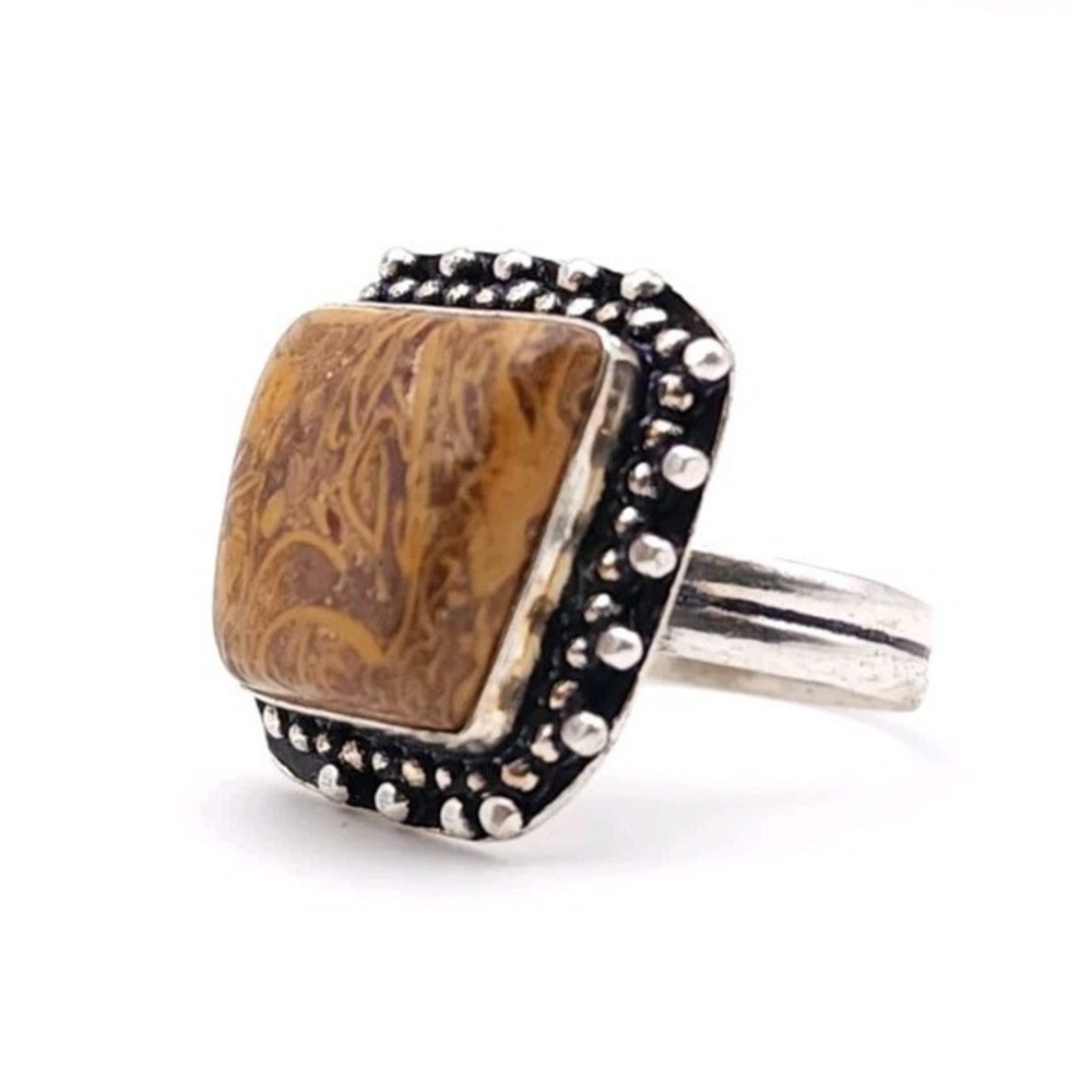 Natural Jasper Stone Ring Square‎ Brown Cabochon Silver Tone Boho
